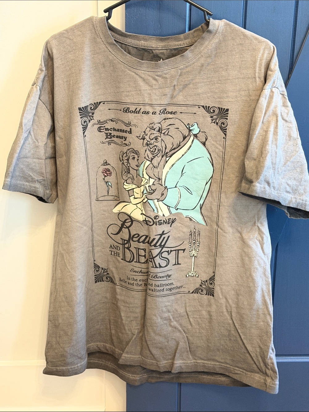 Disney Beauty and the Beast Graphic Tee in Gray with Mint and Yellow Accents